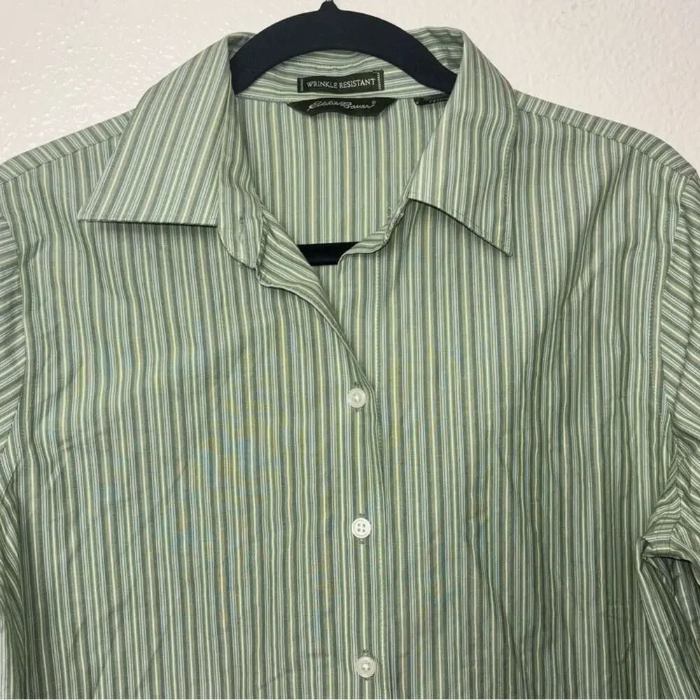 Eddie Bauer button up Woman's size Large 100% Cotton Striped green